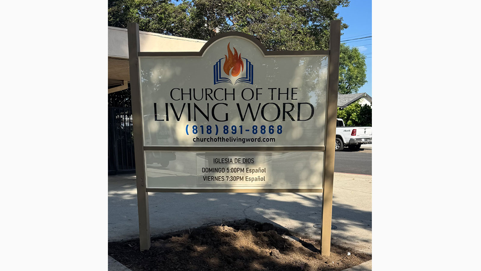 church of the living word identification sign outdoors