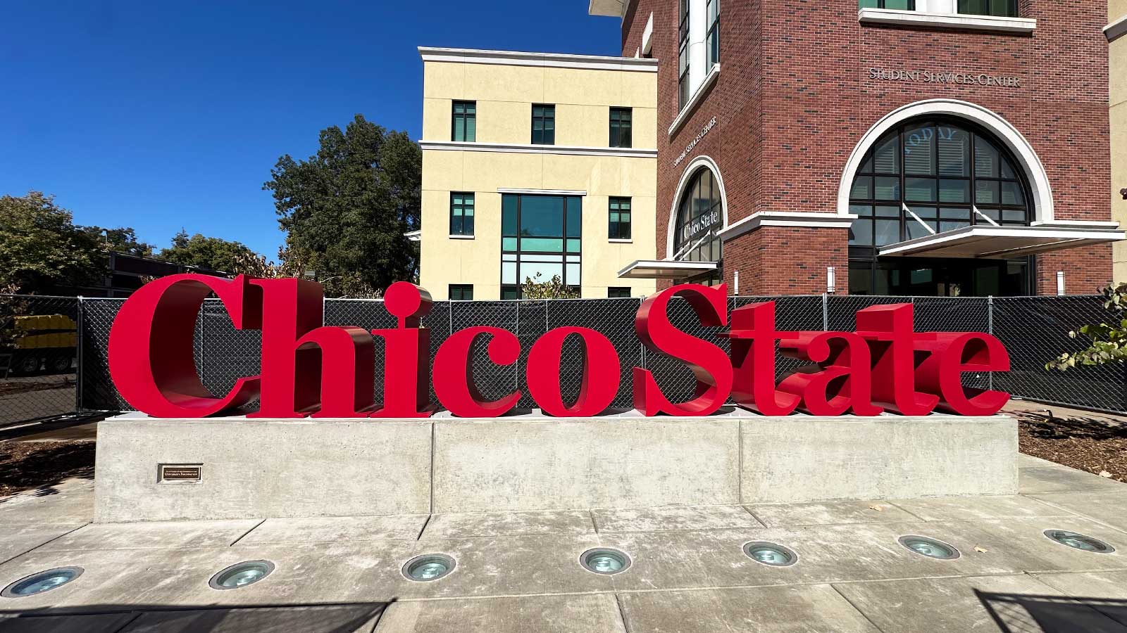 csu chico state aluminum letters on concrete base outdoors