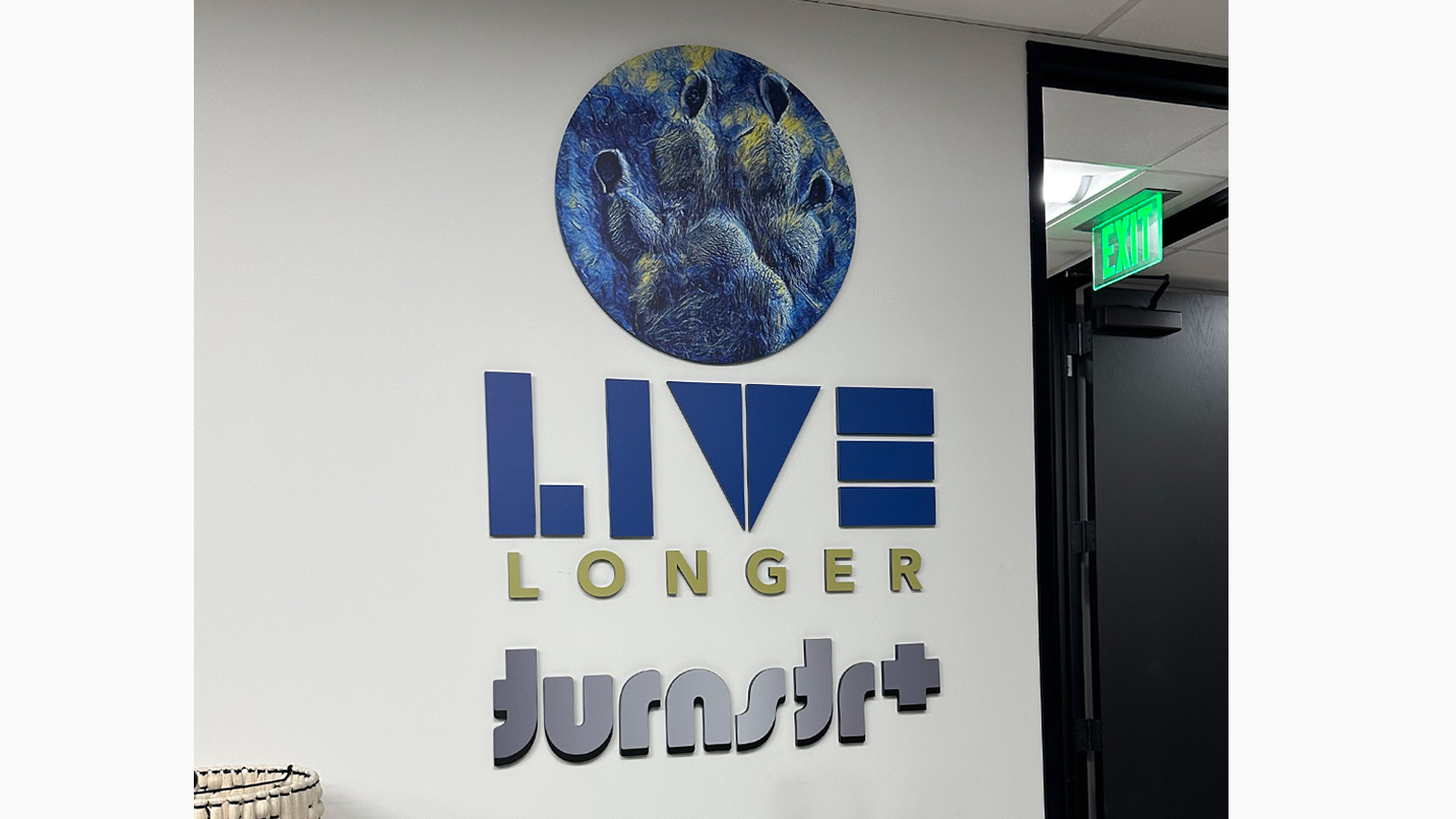 footage films studios acrylic letter signs on office wall
