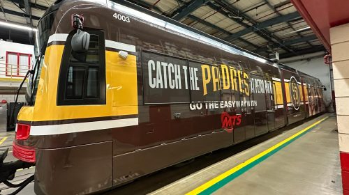 san diego mts trolley vinyl wrap installed for padres