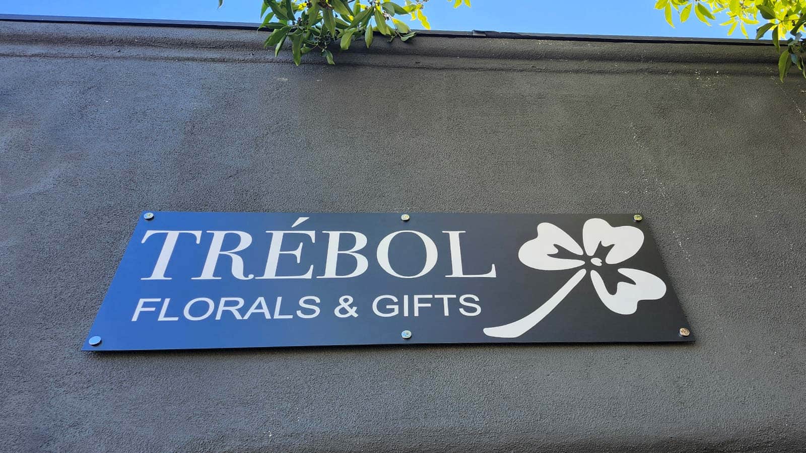 trebol aluminum composite sign on storefront wall