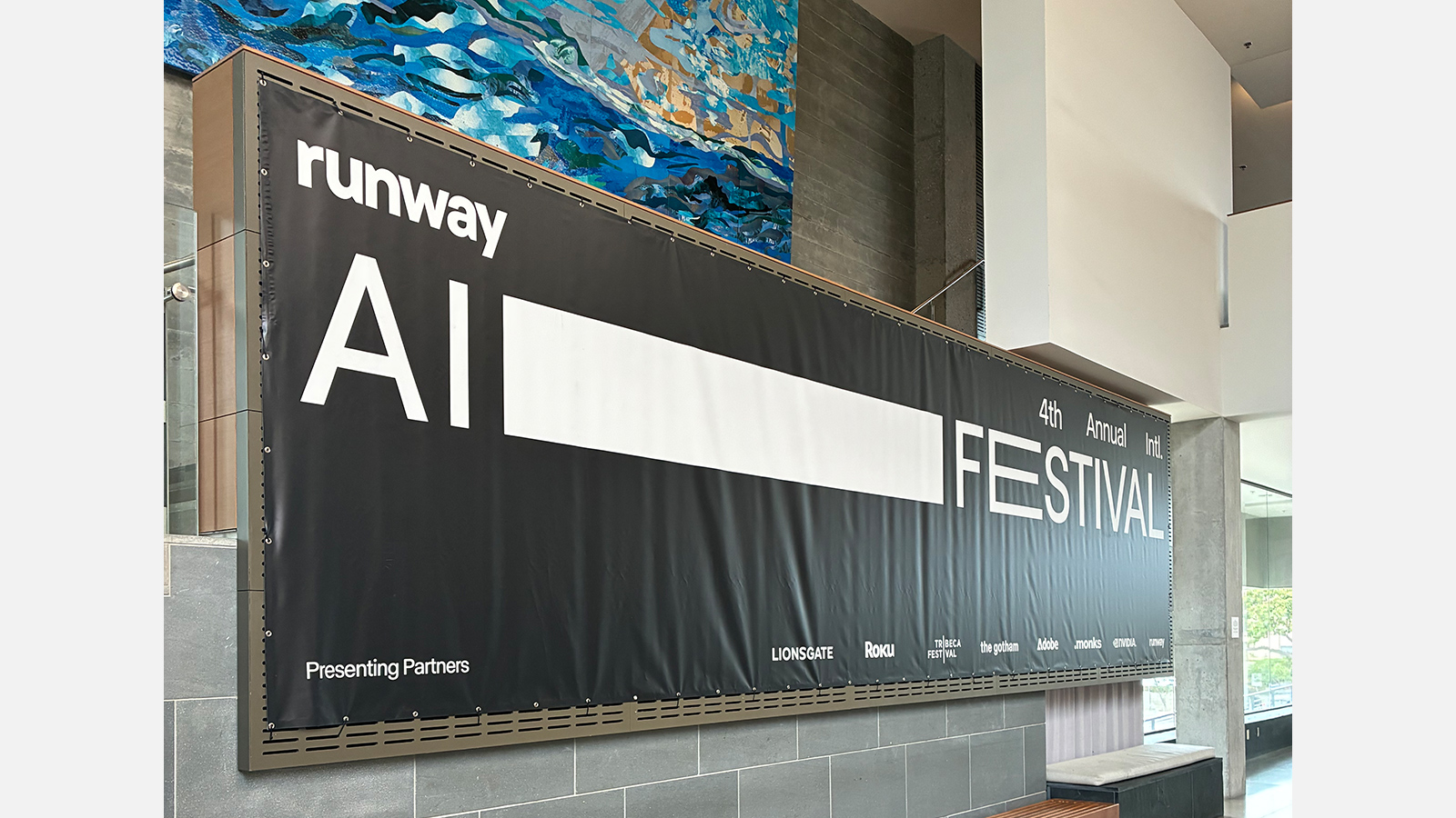 runway interior vinyl banner on wood wall